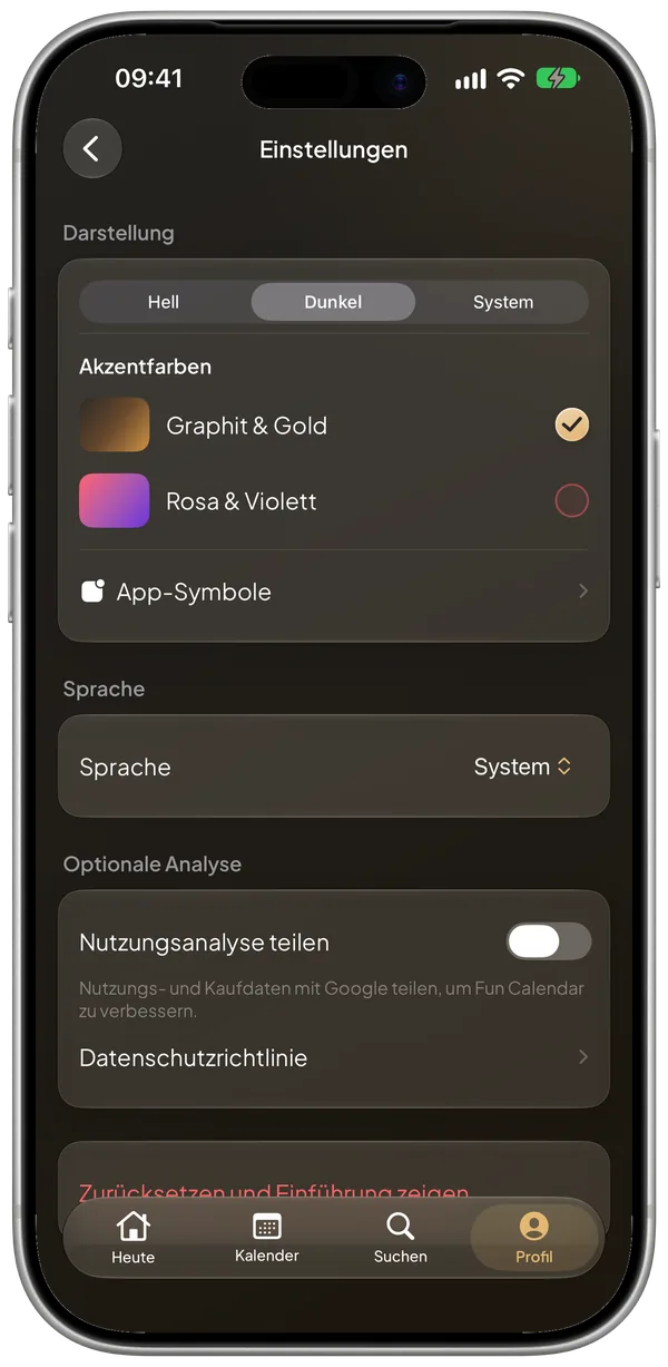 Einstellungen mit den Akzentfarben Graphit und Gold sowie Rosa und Violett