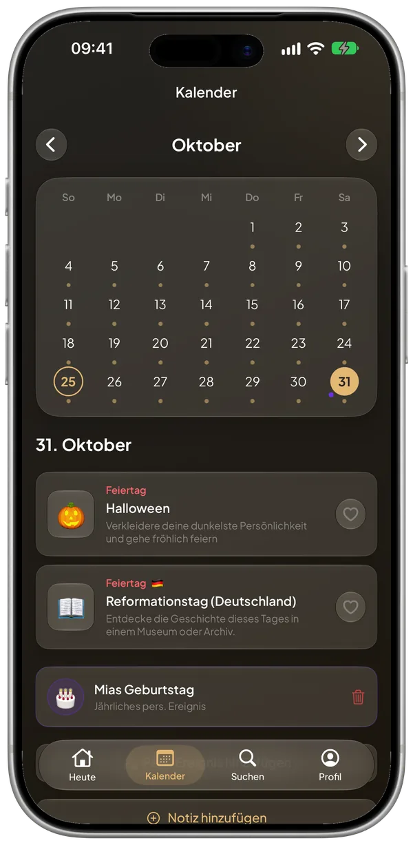 Derselbe Oktober-Kalender auf dem iPhone mit einem persönlichen Geburtstag