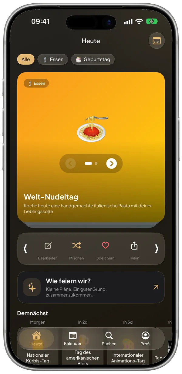Fun Calendar auf dem iPhone: der Welt-Nudeltag, Feierideen und die nächsten Anlässe