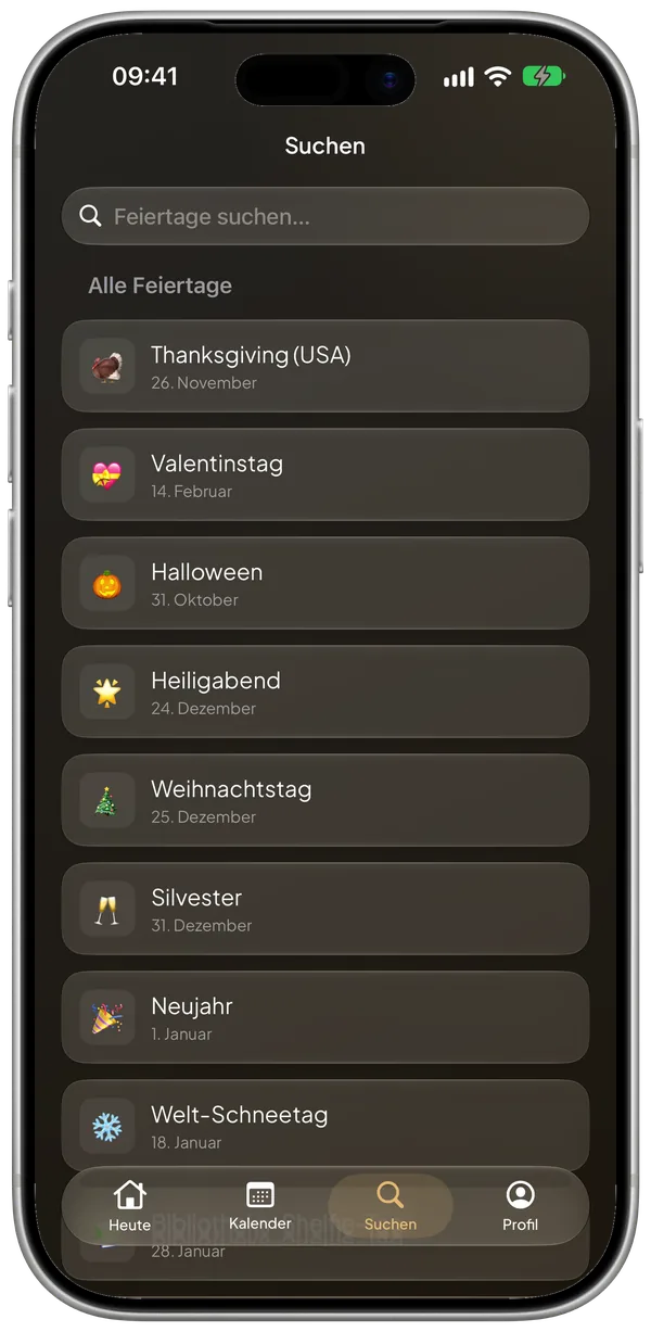 Die Suche mit Feiertagen und ihren Daten